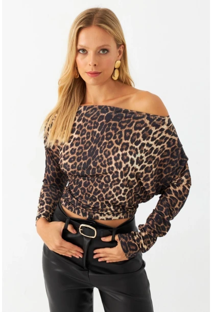 Kadın Camel-Siyah Kayık Yaka Leopar Bluz DMR382-1