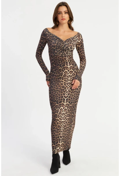 Kadın Camel-Siyah Kruvaze Leopar Maxi Elbise LİK11