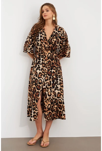 Kadın Camel-Siyah Kruvaze Leopar Midi Elbise KAB306