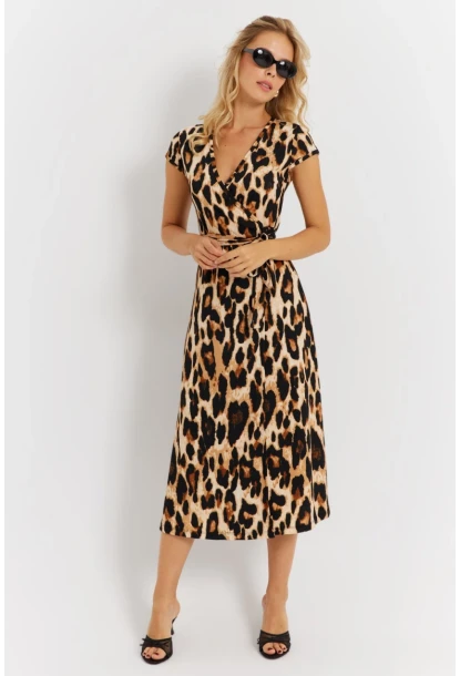 Kadın Camel-Siyah Kuruvaze Bağlamalı Leopar Desenli Midi Elbise EY2896