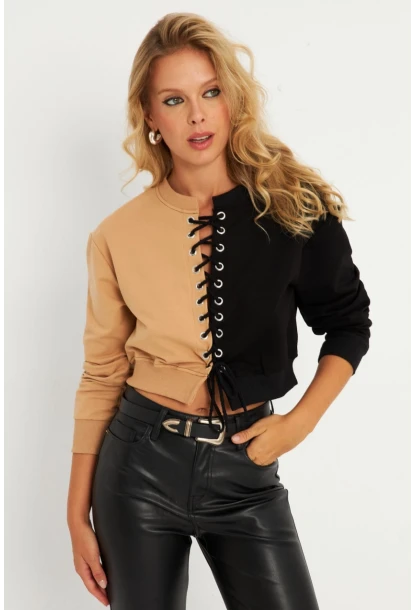 Kadın Camel-Siyah Kuşgözlü Kısa Sweatshirt TF02