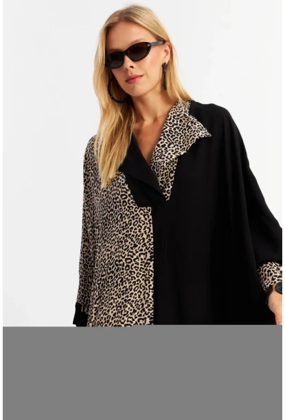 Kadın Camel-Siyah Leopar Bloklu Maxi Elbise MALO15