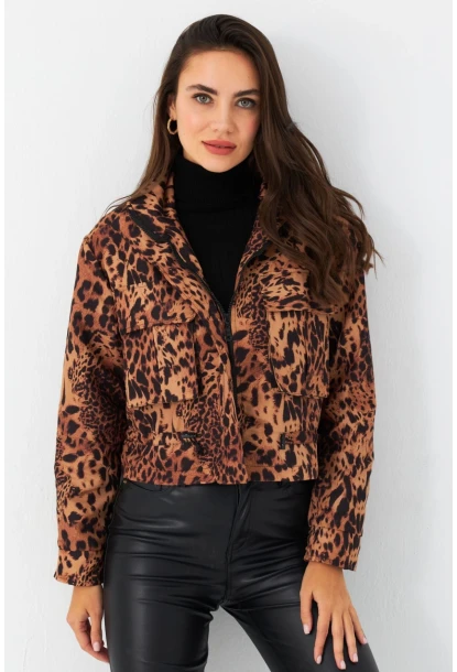 Kadın Camel-Siyah Leopar Crop Ceket ELT1001