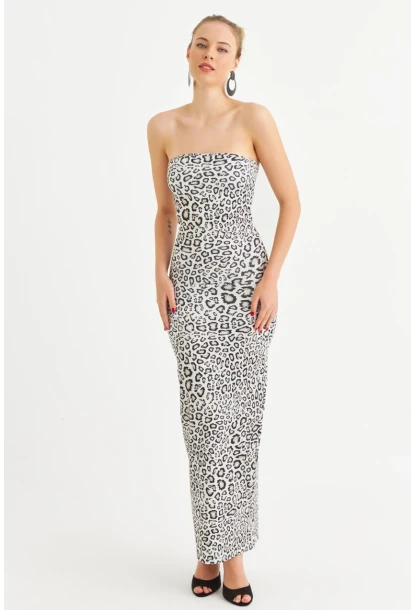 Kadın Camel-Siyah Leopar Desen Straplez Yırtmaçlı Midi Elbise XC005