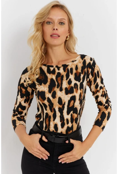 Kadın Camel-Siyah Leopar Desenli Bürümcük Bluz EY2894