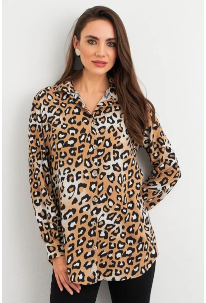 Kadın Camel-Siyah Leopar Desenli Gömlek MASF227