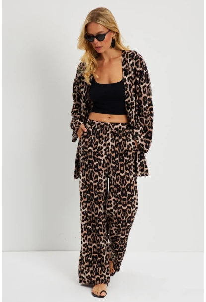 Kadın Camel-Siyah Leopar Desenli Kimono Takım GÇ163
