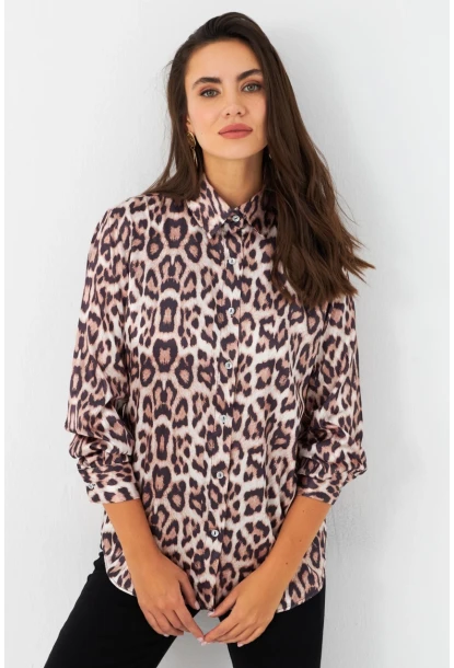 Kadın Camel-Siyah Leopar Desenli Saten Gömlek MRAD5901-1