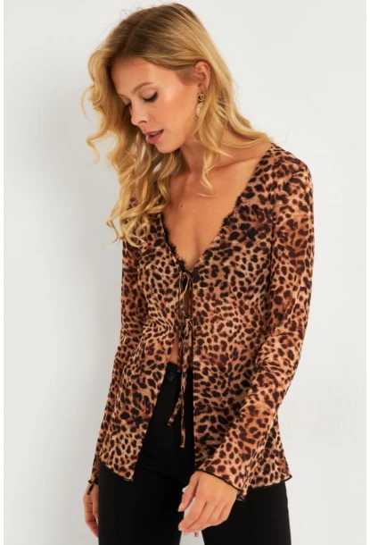 Kadın Camel-Siyah Leopar Desenli Tül  Bluz GÇ175