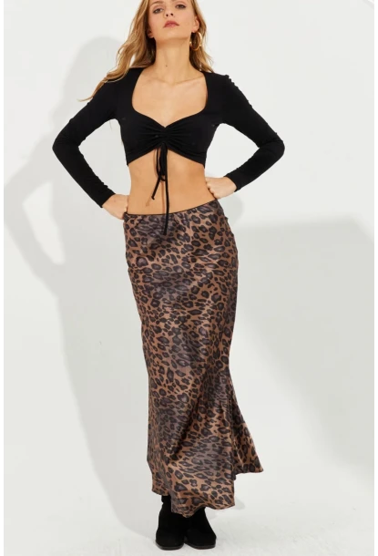 Kadın Camel-Siyah Leopar Maxi Saten Etek RMZ21152