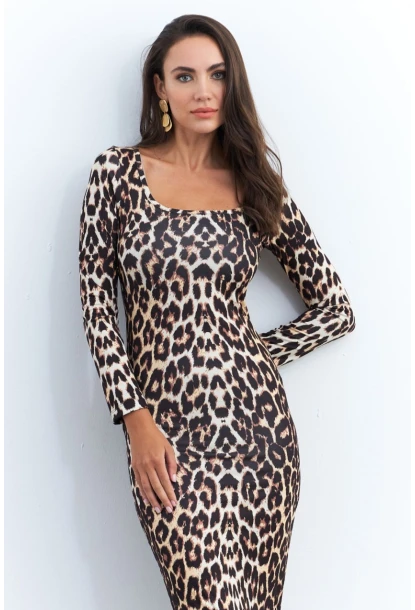 Kadın Camel-Siyah Leopar Midi Elbise RLO78
