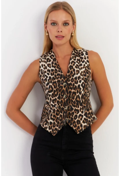 Kadın Camel-Siyah Leopar Yelek TW21