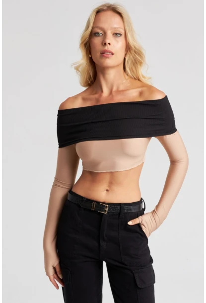 Kadın Camel-Siyah Madonna Crop Bluz CG322