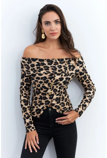 Kadın Camel-Siyah Madonna Yaka Leopar Bluz RLO77