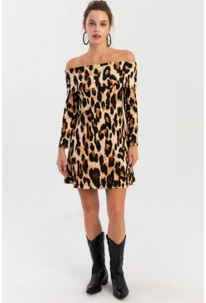 Kadın Camel-Siyah Madonna Yaka Leopar Mini Elbise EY2915