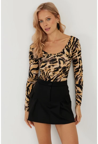 Kadın Camel-Siyah Ön Arka U Zebra Desenli Bluz LPP1266
