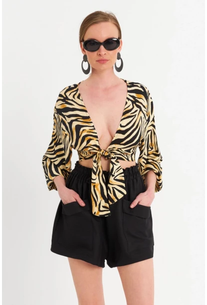 Kadın Camel-Siyah Önü Bağlamalı Crop Bluz TPG03