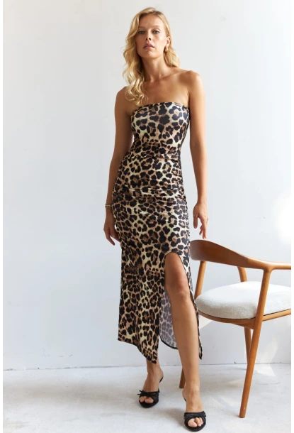 Kadın Camel-Siyah Önü Büzgülü Leopar Midi Elbise HC1591