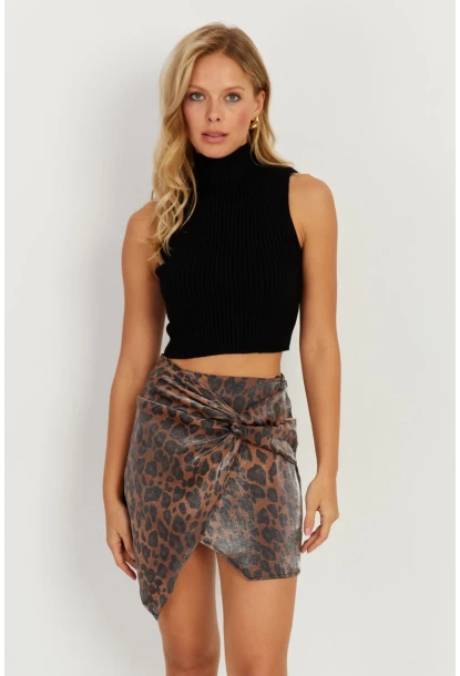 Kadın Camel-Siyah Önü Düğümlü Mini Leopar Etek NH89