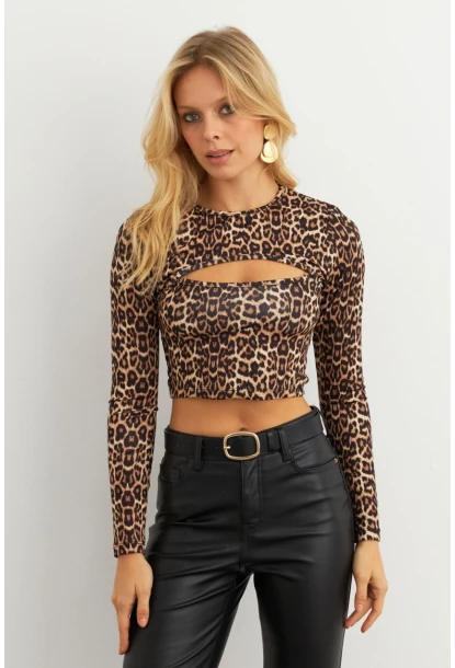 Kadın Camel-Siyah Pencereli Leopar Bluz XL10058