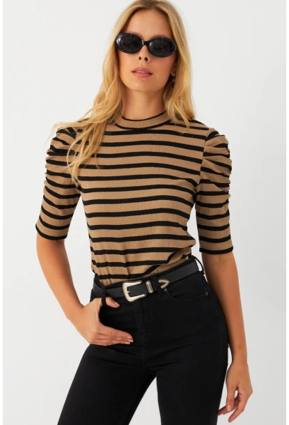 Kadın Camel-Siyah Prenses Kol Bluz MAYD12