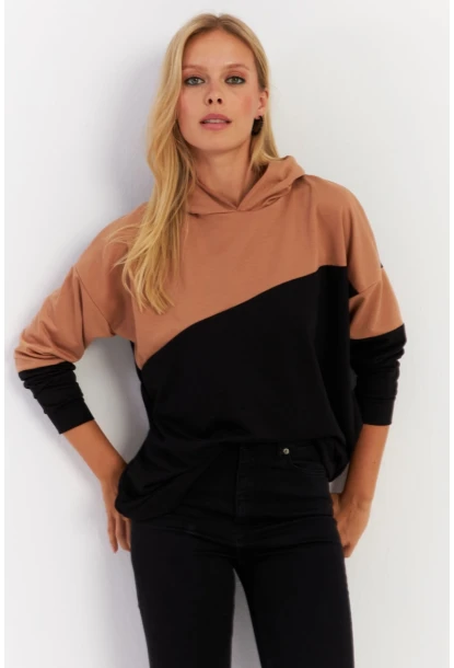 Kadın Camel-Siyah Renk Bloklu Kapüşonlu Sweatshirt DA148