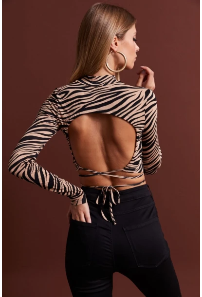 Kadın Camel-Siyah Sırt Dekolteli Zebra Desenli Crop Bluz LPP1131