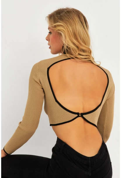 Kadın Camel-Siyah Sırtı Açık Bluz YV270