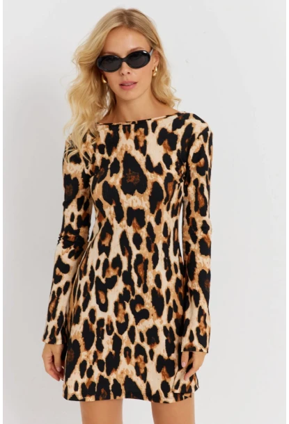 Kadın Camel-Siyah Sırtı Açık Leopar Desenli Midi Elbise EY2891