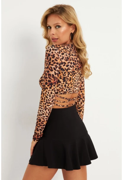 Kadın Camel-Siyah Sırtı Detaylı Leopar Desenli Bluz GÇ179