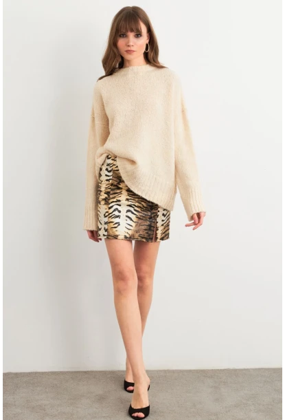 Kadın Camel-Siyah Suni Deri Zebra Desenli Mini Etek NH24475