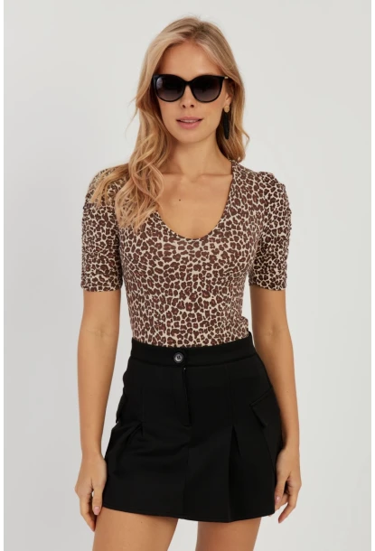 Kadın Camel-Siyah V Yaka Leopar Bluz LPP1263