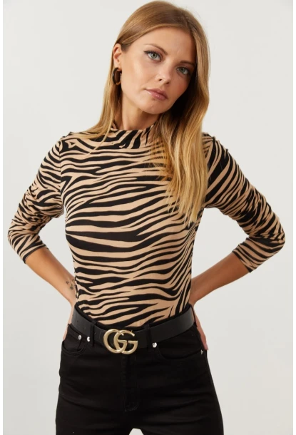 Kadın Camel-Siyah Yarım Balıkçı Zebra Desen Bluz LPP1133