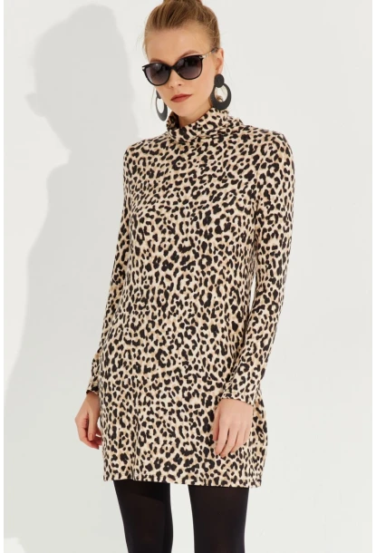 Kadın Camel-Siyah Yumoş Leopar Mini Elbise AYD253