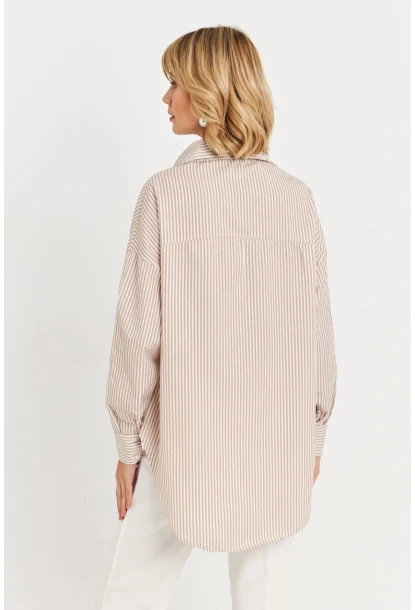 Kadın Camel Taş Detaylı Çizgili Gömlek KED4088