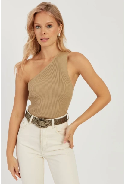 Kadın Camel Tek Omuz Triko Bluz YV90