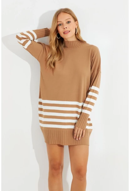 Kadın Camel Triko Çizgili Tunik YV202