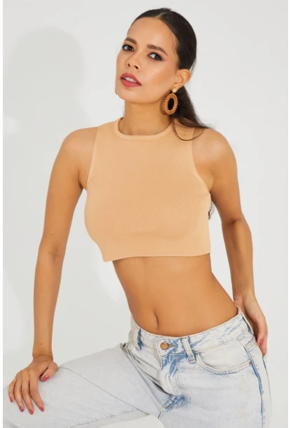 Kadın Camel Triko Crop Triko Bluz KZ2447