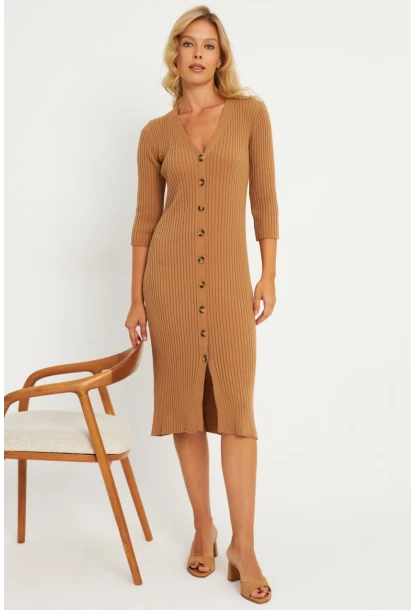 Kadın Camel Triko Midi Gömlek Elbise YV274