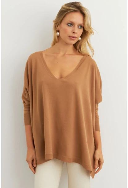 Kadın Camel V Yaka Salaş Bluz YV304