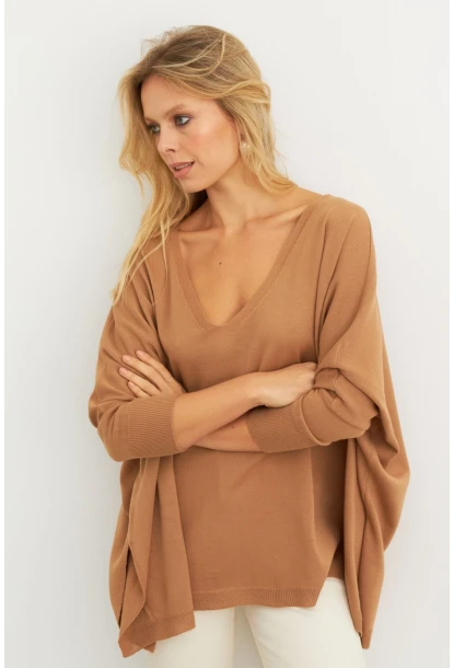 Kadın Camel V Yaka Salaş Bluz YV304