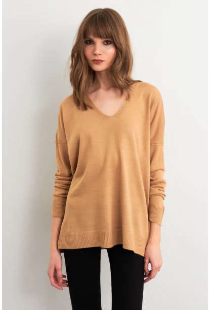 Kadın Camel V Yaka Triko Kazak YİL549