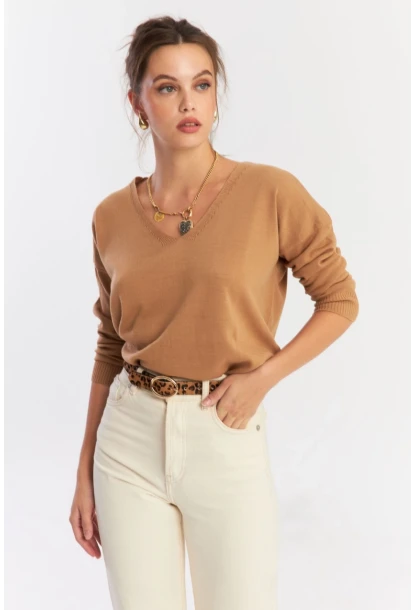 Kadın Camel V Yaka Yalaş Triko Bluz YİL552