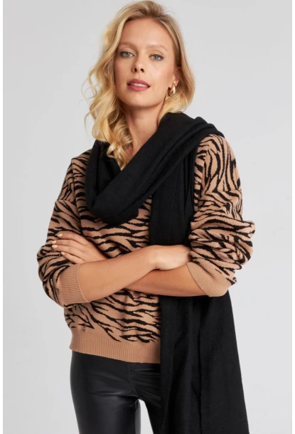 Kadın Camel Zebra Desenli Triko Kazak YZ521