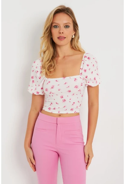 Kadın Çiçekli Crop Bluz Beyaz AYD270