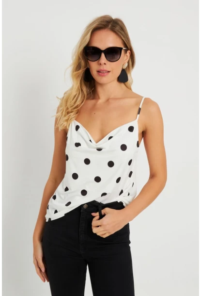 Kadın Degaje Yaka Puantiyeli Bluz Beyaz-Siyah LPP1255
