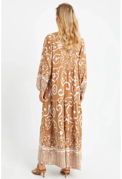 Kadın Desenli Salaş Maxi Elbise Camel Q981