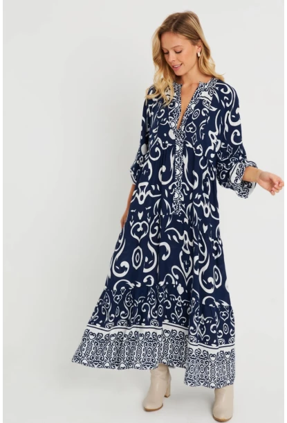 Kadın Desenli Salaş Maxi Elbise Lacivert Q981