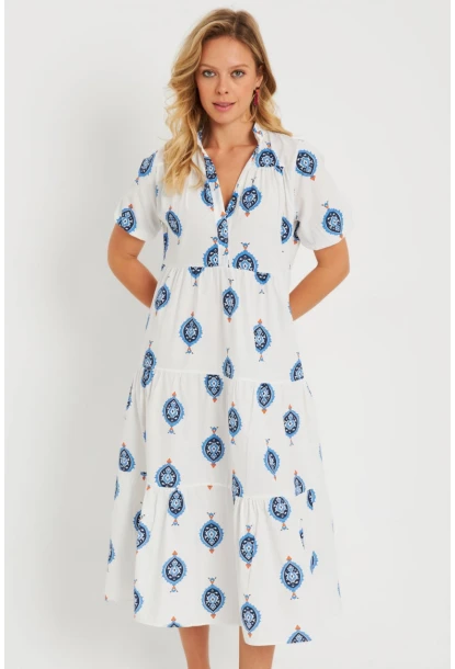 Kadın Desenli Salaş Mini Elbise Beyaz ASH23046