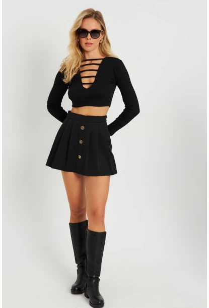 Kadın Düğme Detaylı Şort Etek Siyah KED0051